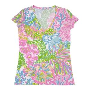 Lilly Pulitzer Michele V-neck Top Size XS Lovers Coral Reef Tropical Cotton Tee